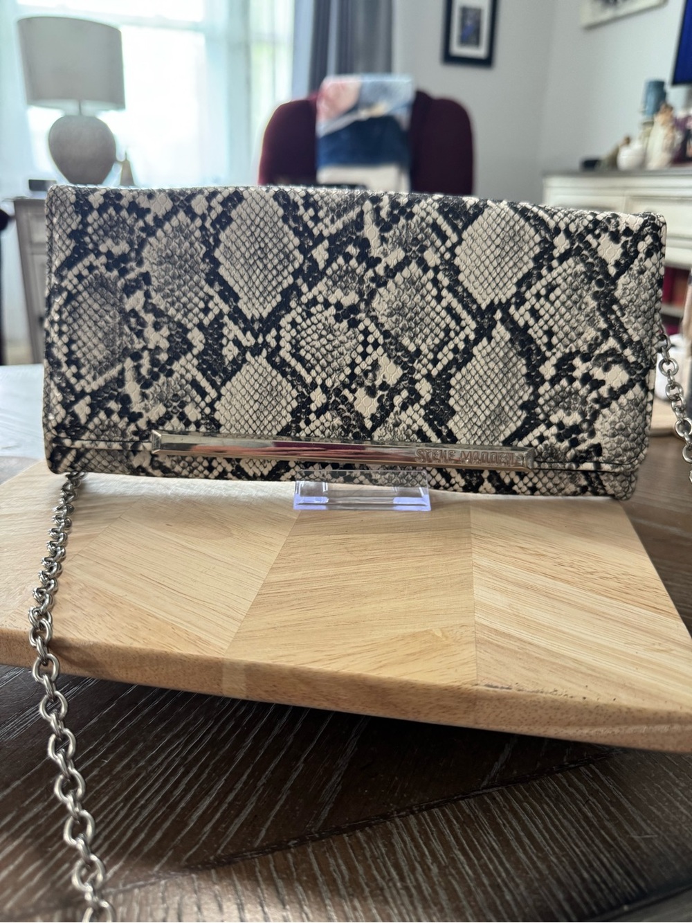 Steve Madden Snake-Print Chain Clutch Handbag - Black & Cream